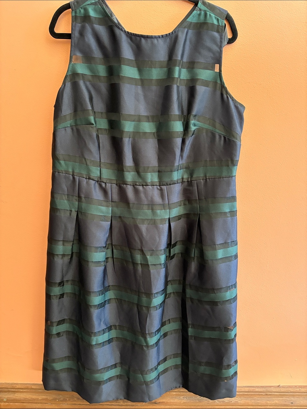Talbots Navy and Green Striped Sleeveless Fit-and-Flare Dress
